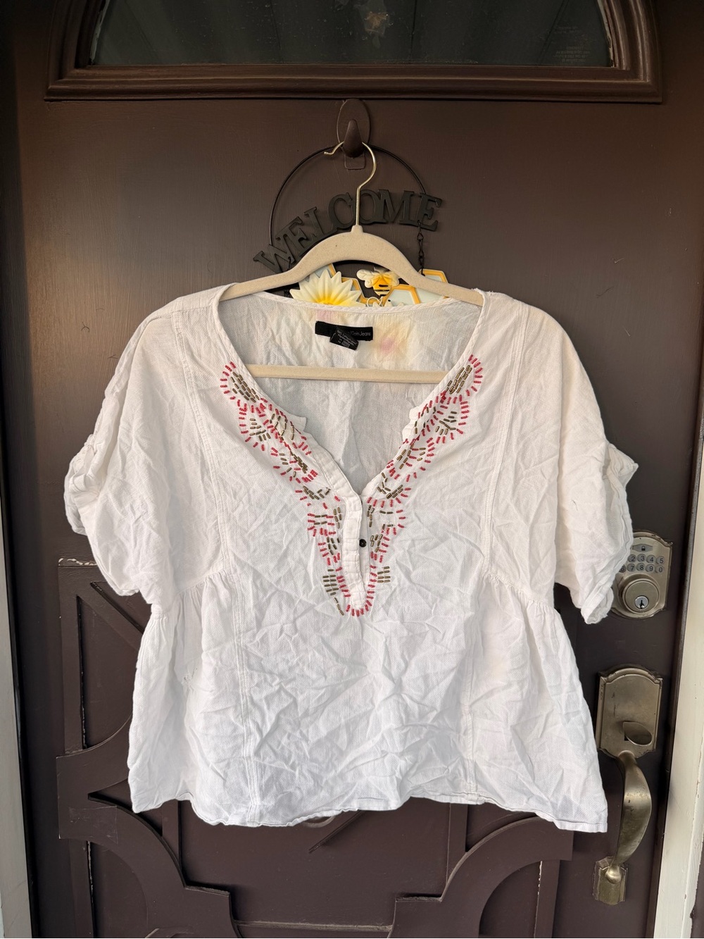 Calvin Klein Jeans White V-Neck Embroidered Blouse